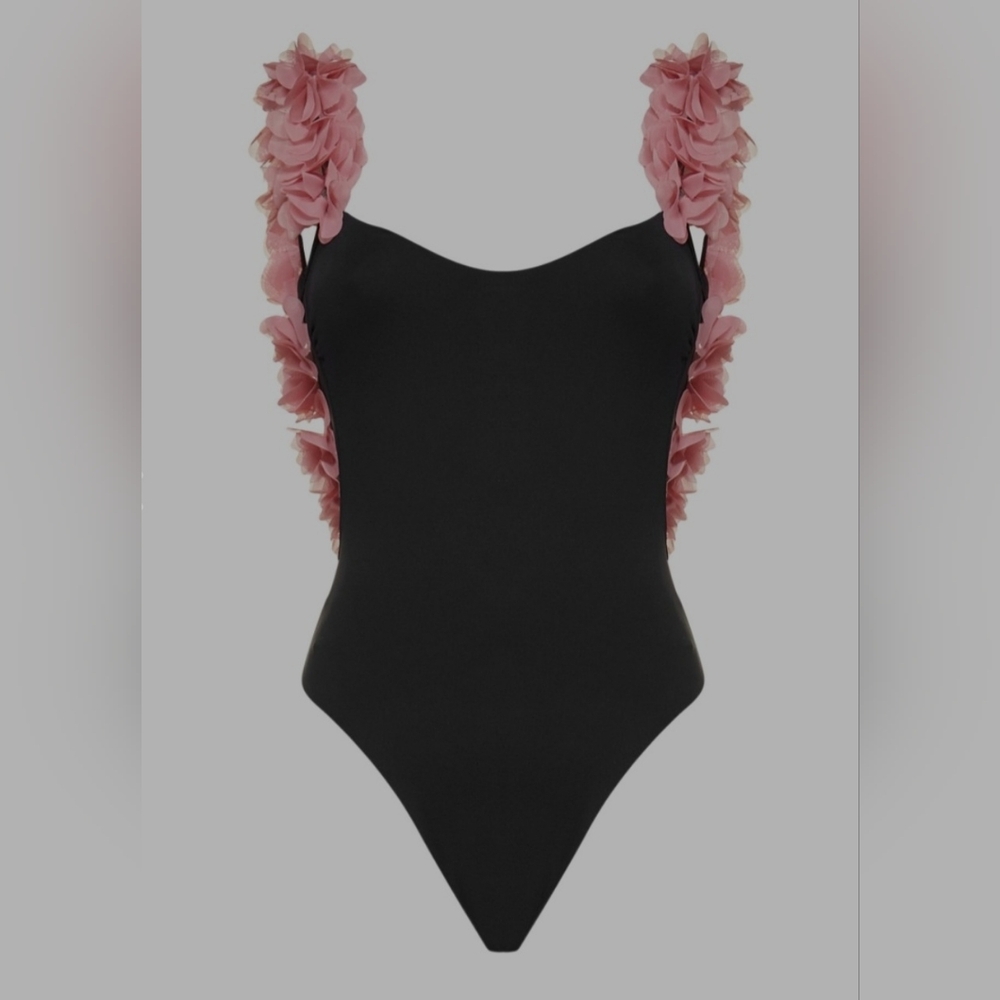 La Reveche Amira One Piece Swimsuit With Organza Flowers Black Pink - M